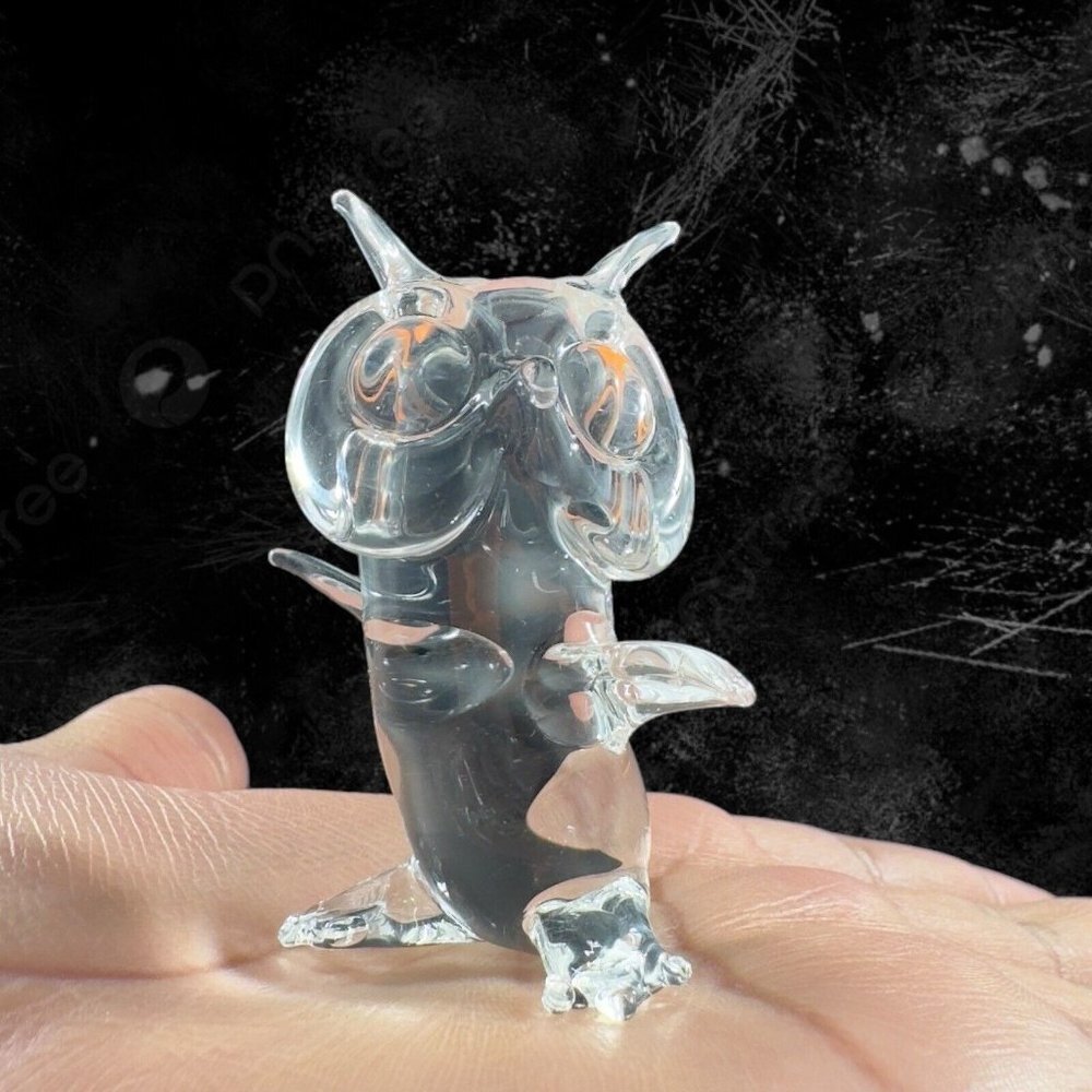 Hand Blown Clear Small Miniature Glass Owl‎ Bird Figurine Whimsical Hand Made